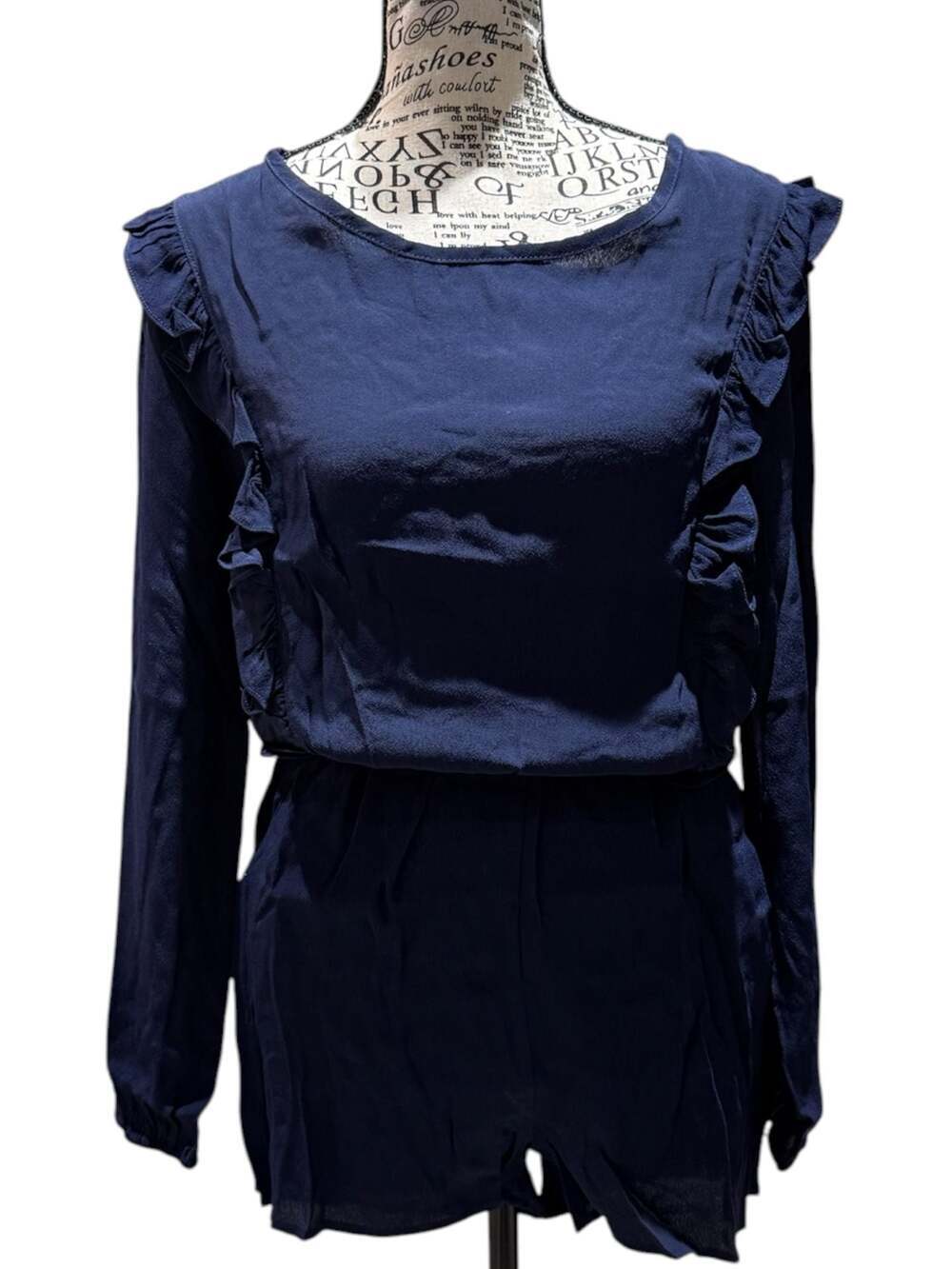 Fraiche by J Navy Ruffle Long Sleeve Romper – Size Small | NWT